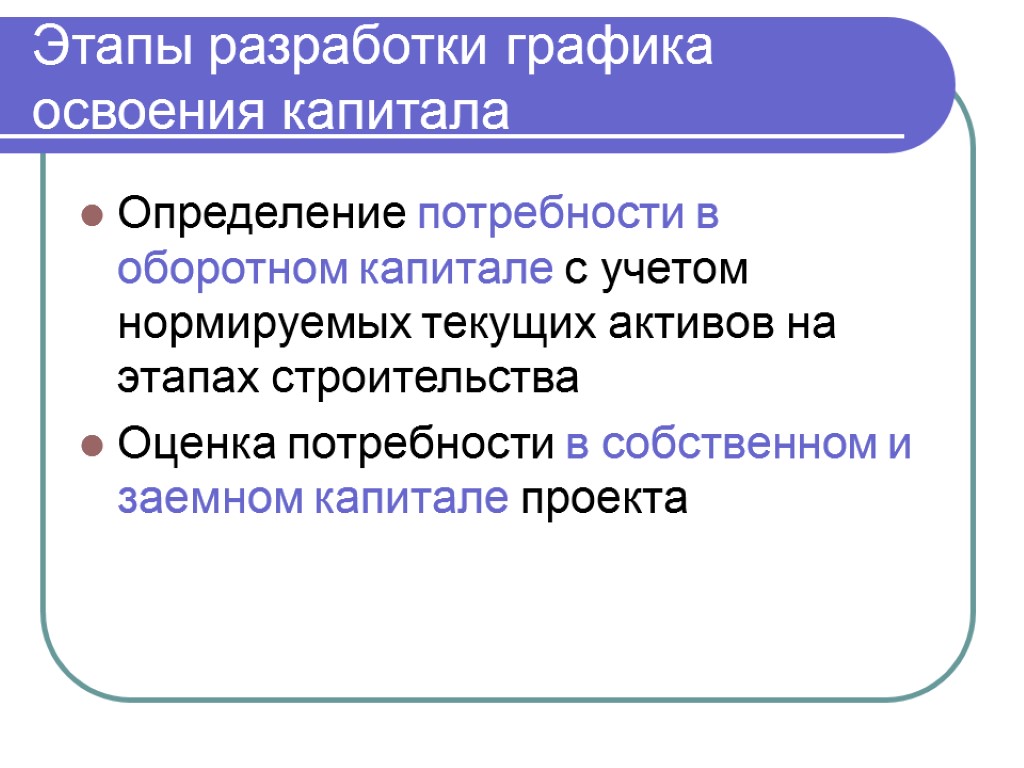 Этапы разработки графика освоения капитала Определение потребности в оборотном капитале с учетом нормируемых текущих